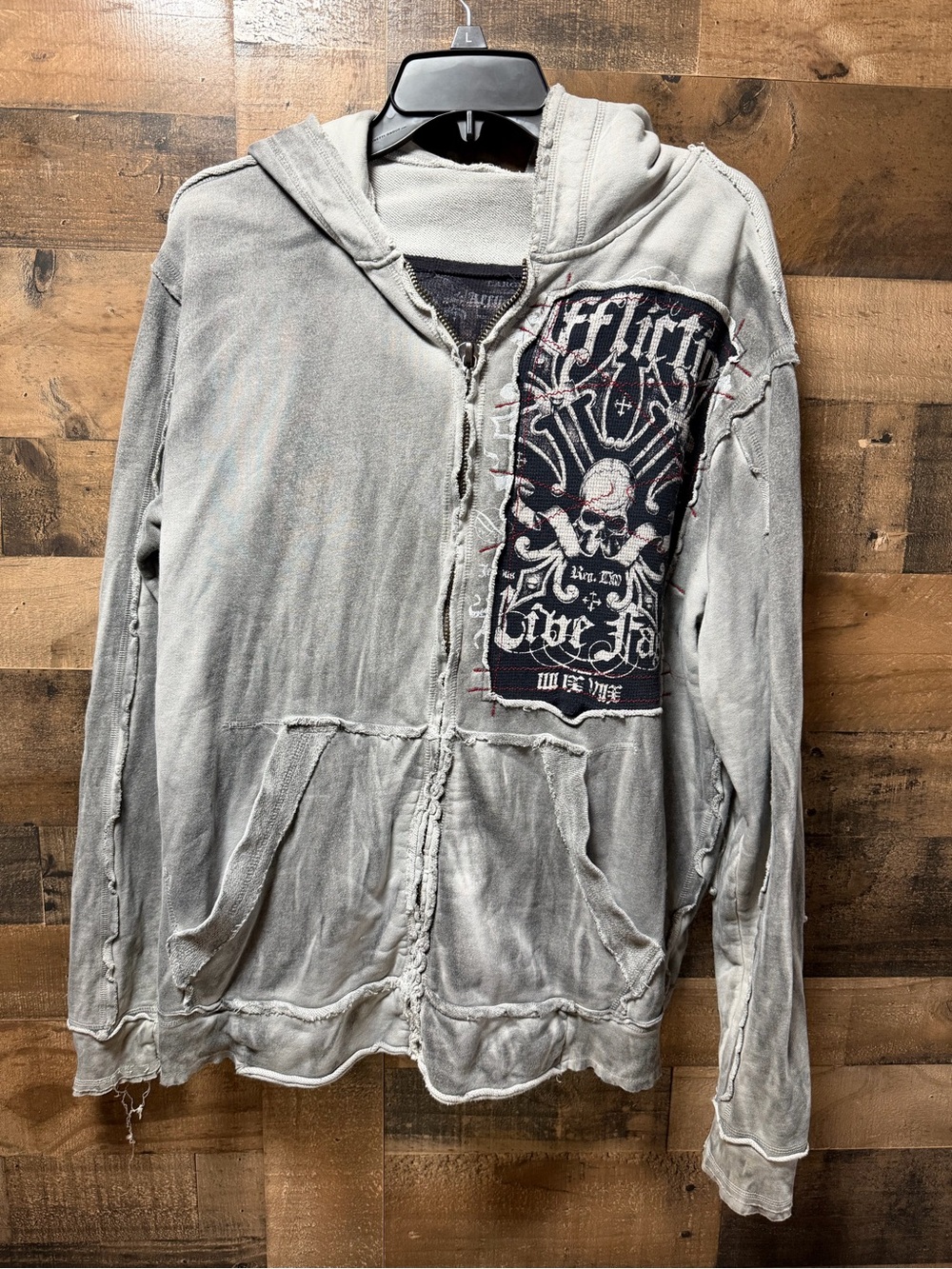 Affliction Live Fast Hoodie Mens Large Gray Skull Wings Distressed Full Zip Y2K